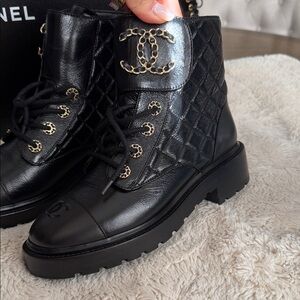 CHANEL Quilted Black Leather Combat Boots size 39
